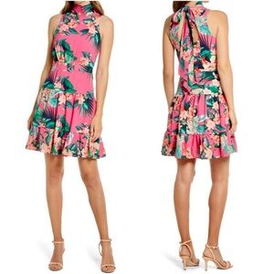 Eliza J Pink Floral Tie Back Halter Neck Flounce Hem Sleeveless Dress Size 2